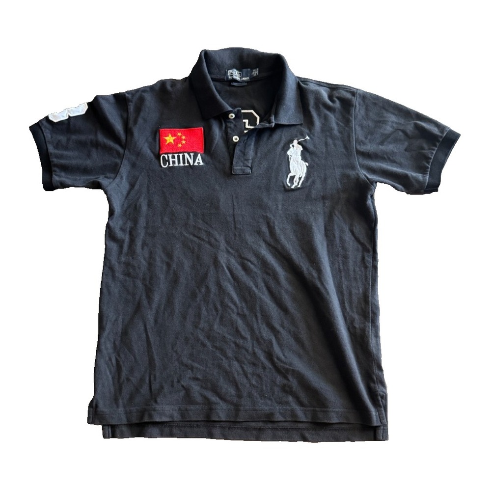 Polo Ralph Lauren Black Shirt Large 3 China Jersey Mens Big Pony Rare Top